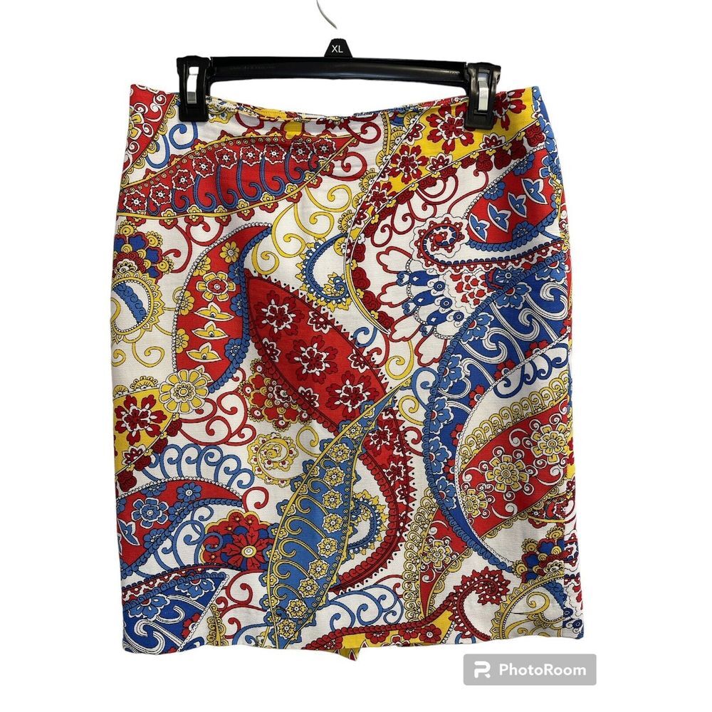 Talbots Petite 6P Red Blue Yellow Paisley Pencil Skirt Career Lined